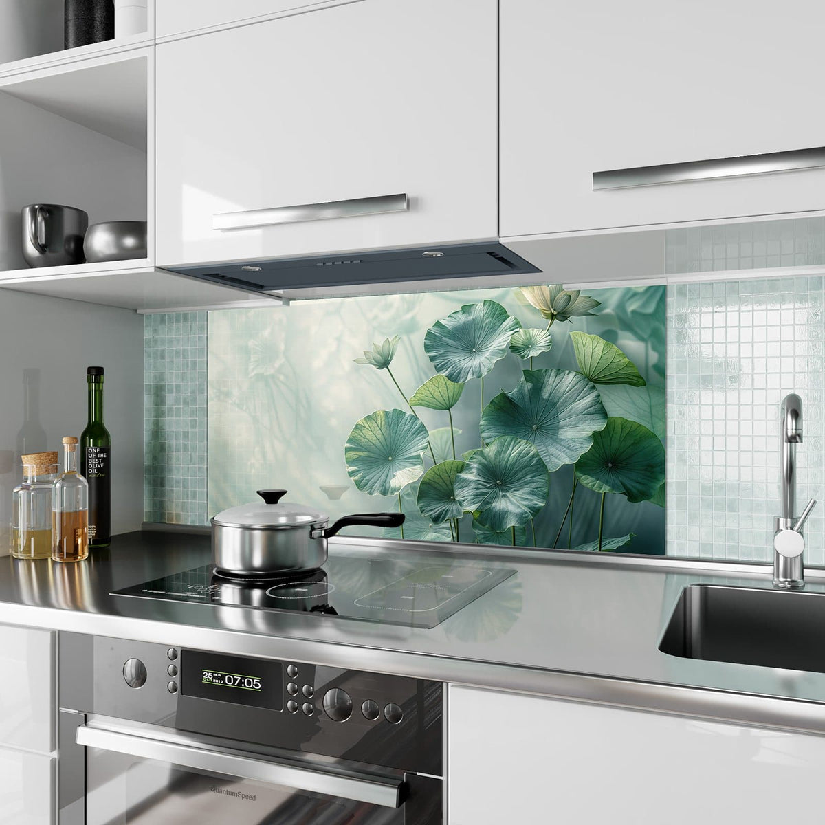 Küchenrückwand aus Glas Lotusblätter in Grün im Hochformat als Spritzschutz hinter dem Kochfeld, über dem Fliesenspiegel montiert