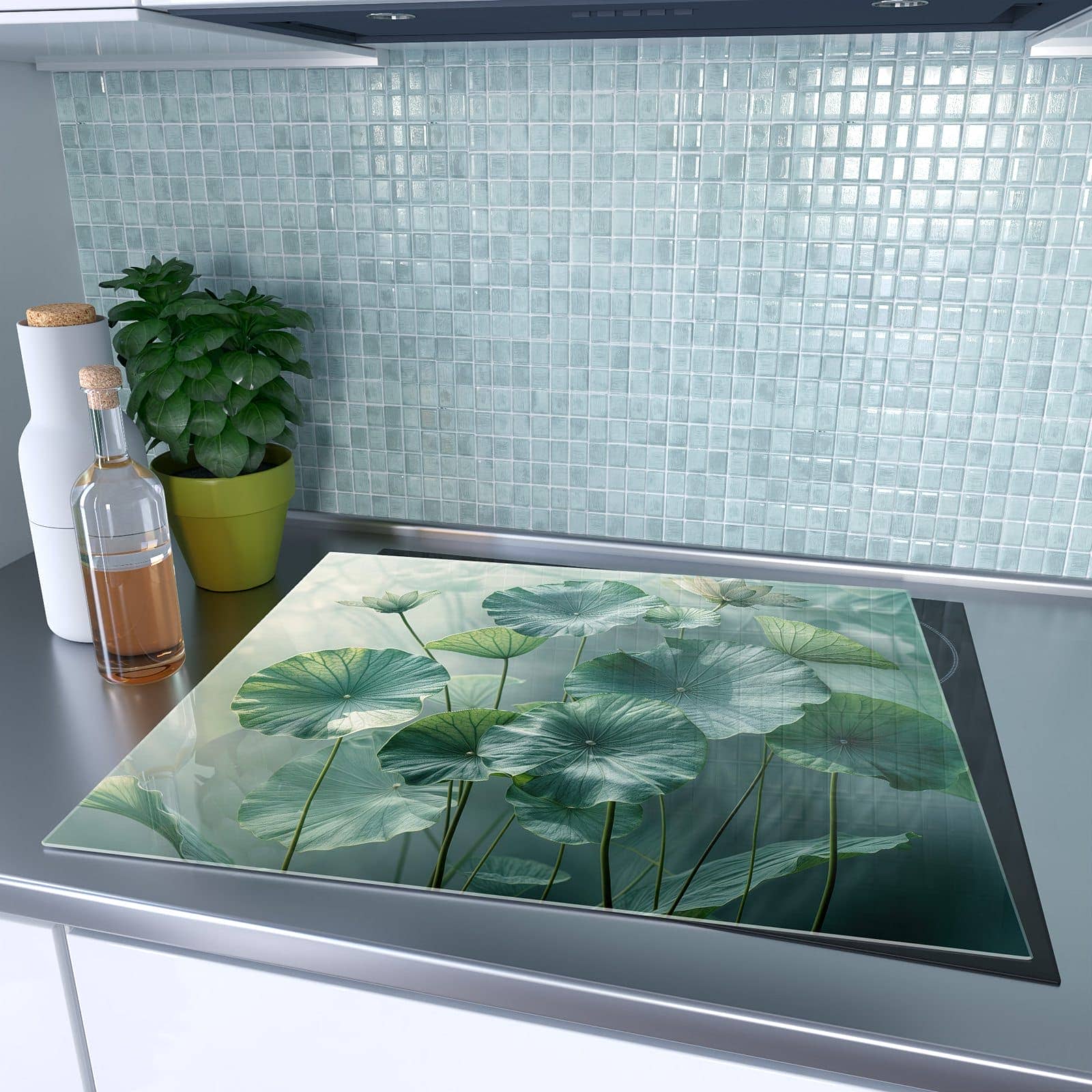 1-teilige Ceranfeld Abdeckplatten mit Lotusblätter Grün-Motiv auf dem Ceranfeld