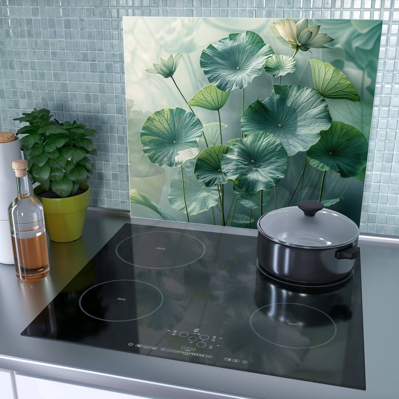 1-teilige Abdeckplatten für den Herd mit Lotusblätter Grün-Motiv als Spritzschutz hinter dem Kochfeld
