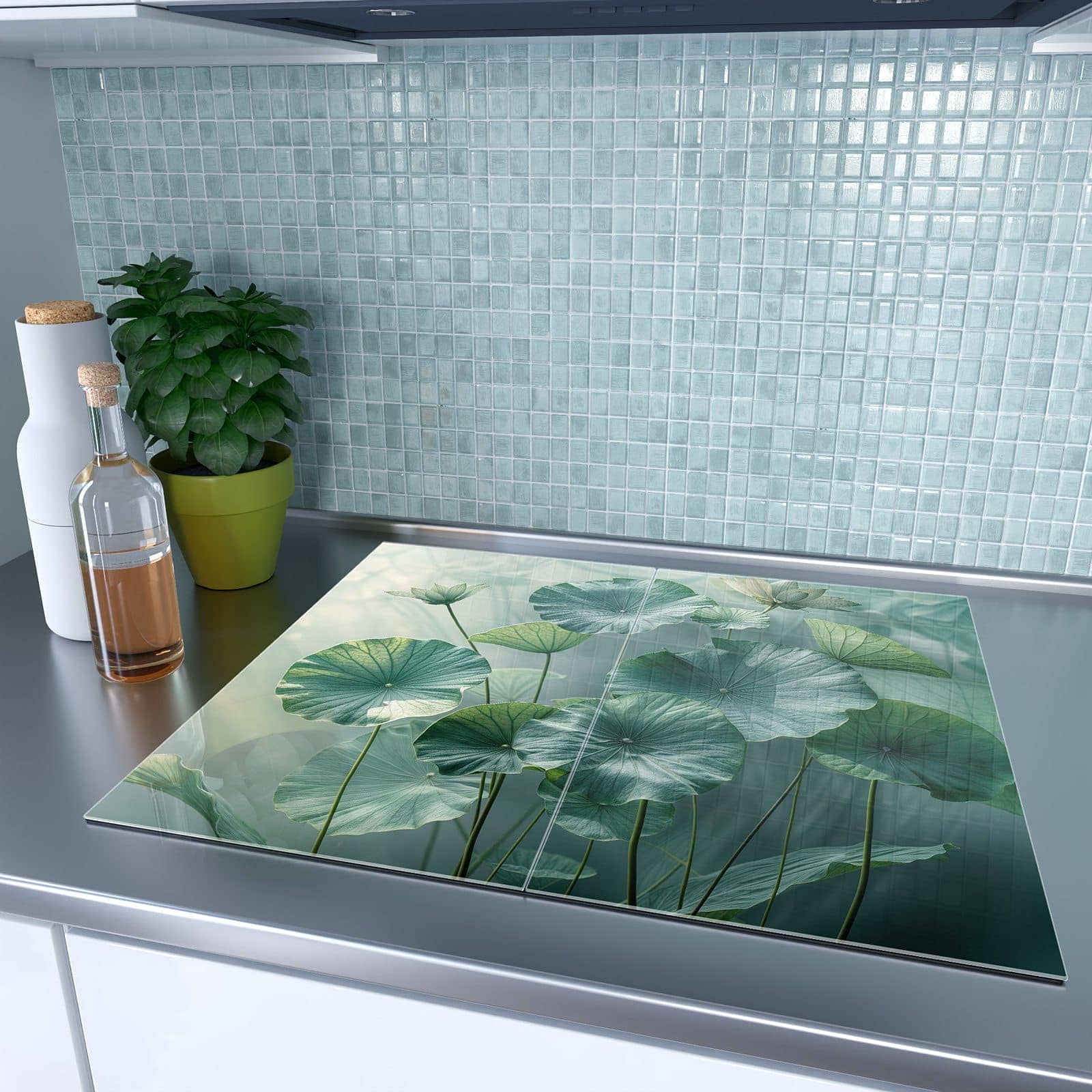 2-teilige Herdabdeckplatte mit Lotusblätter Grün-Motiv auf dem Ceranfeld