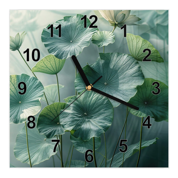 Wanduhr Lotusblätter Grün aus Glas – Quadratisch 30 × 30 cm mit Ziffernblatt Modern