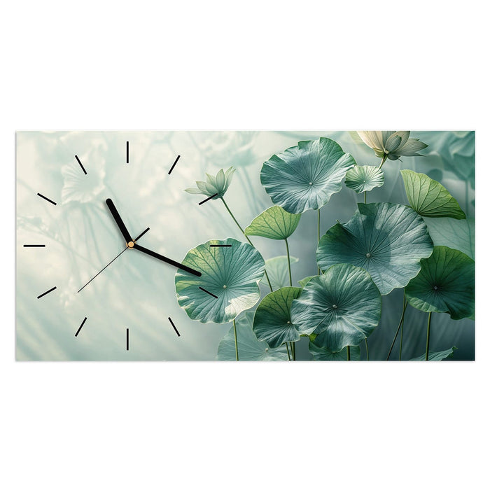 Wanduhr Lotusblätter Grün aus Glas – Querformat 60 × 30 cm mit Ziffernblatt Linie