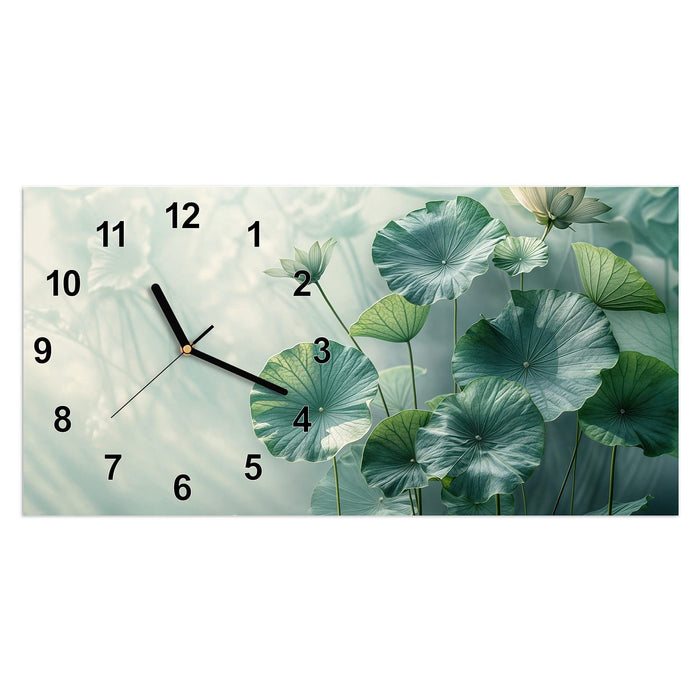 Wanduhr Lotusblätter Grün aus Glas – Querformat 60 × 30 cm mit Ziffernblatt Modern