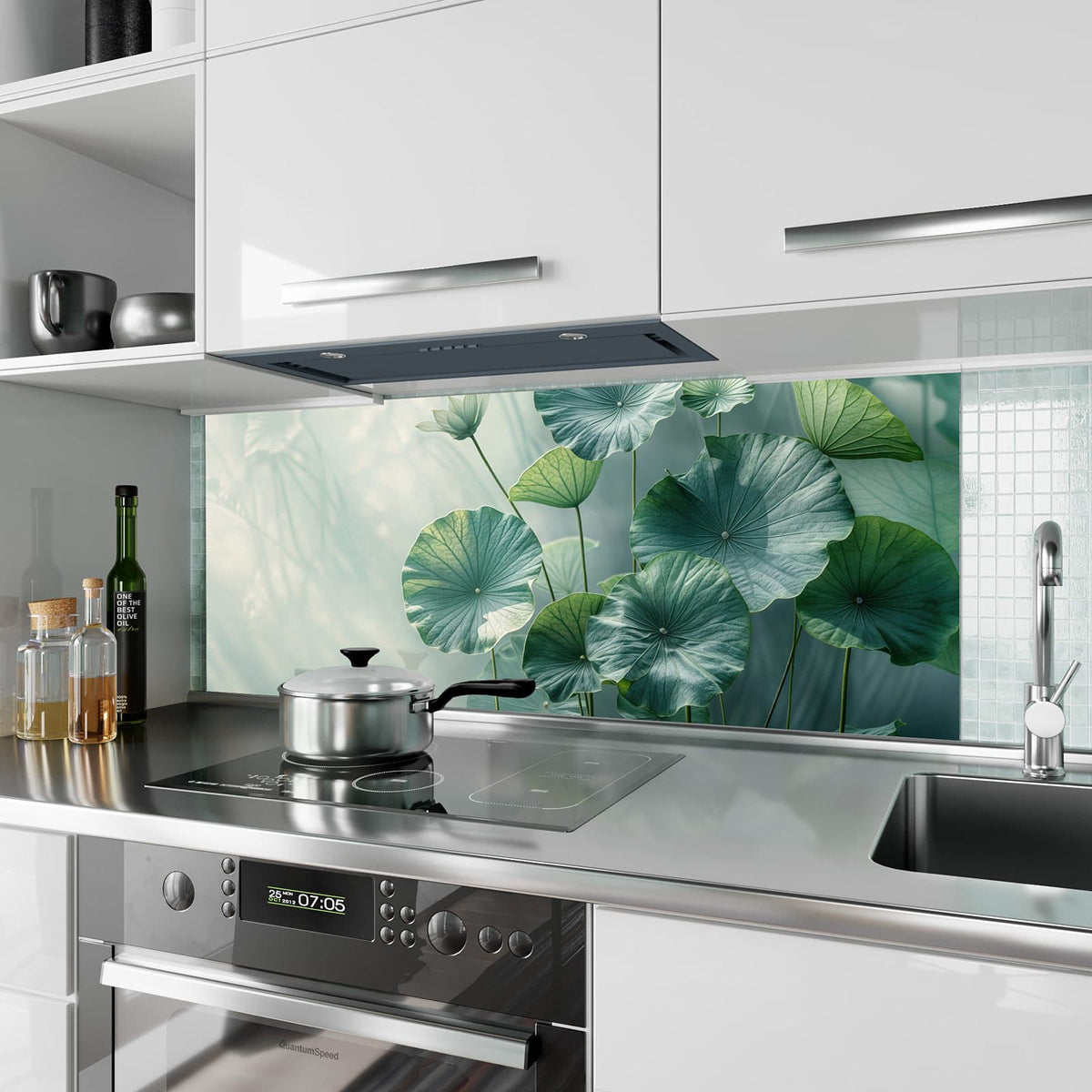 Küchenrückwand aus Glas Lotusblätter in Grün im Hochformat als Spritzschutz hinter dem Kochfeld, über dem Fliesenspiegel montiert