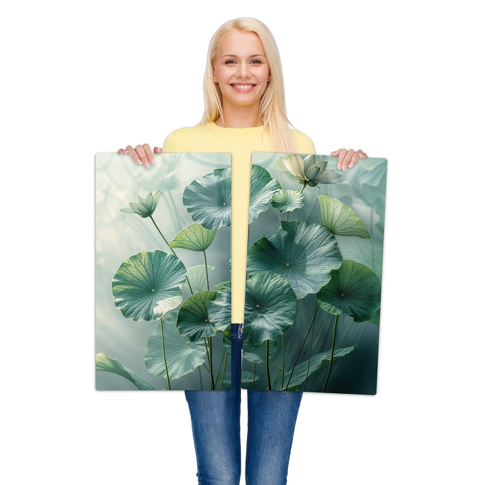 2-teilige Herdabdeckplatten für Ceranfeld mit Lotusblätter Grün-Motiv wird zur Größendarstellung gehalten