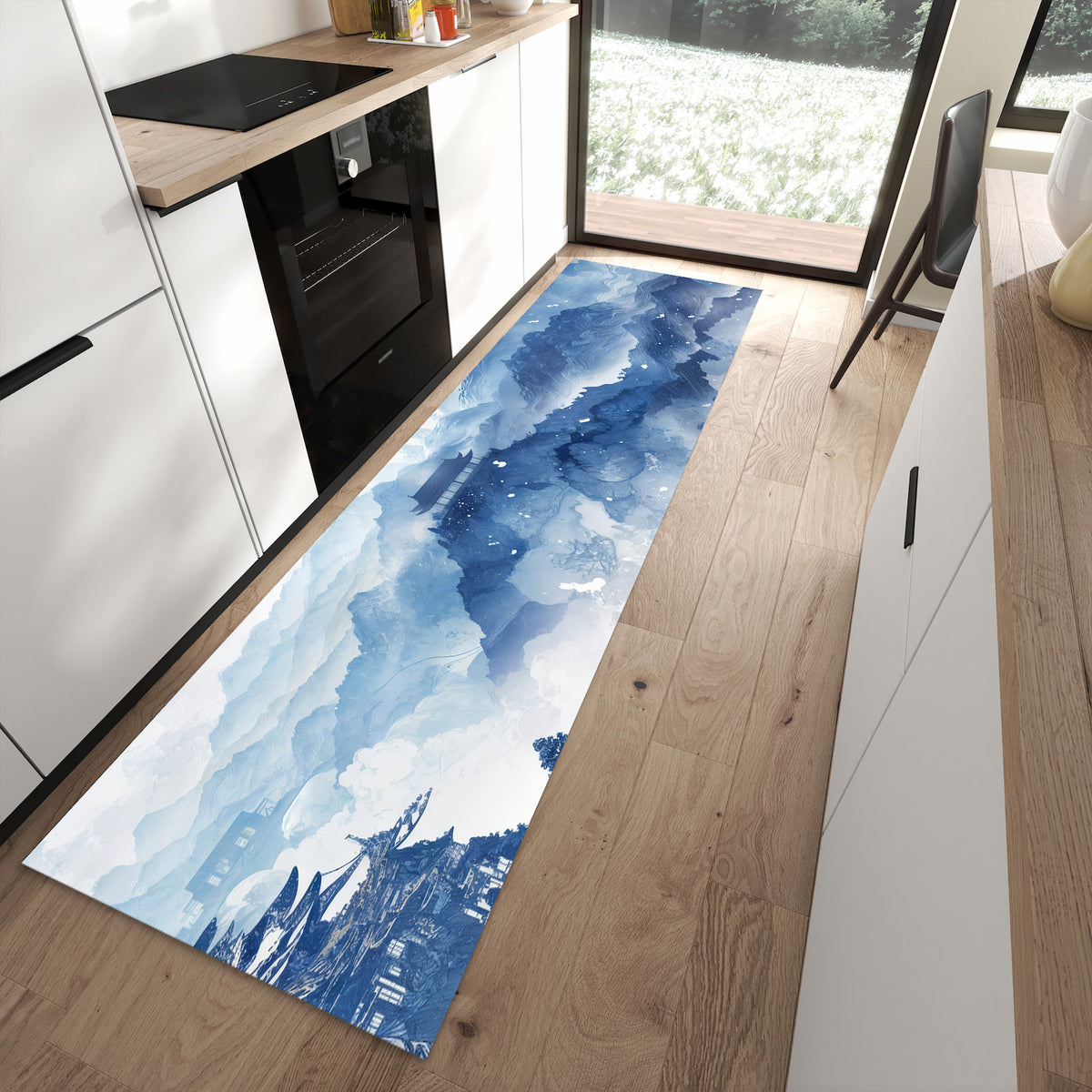 Waschbarer Küchenläufer mit Motiv Asiatische Landschaft für Ordnung in moderner Küche