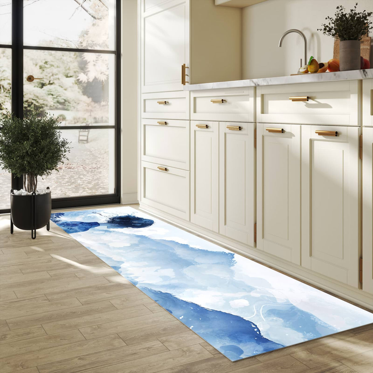 Rutschfester Bodenläufer-Teppich mit Motiv Asiatische Landschaft in heller Küche