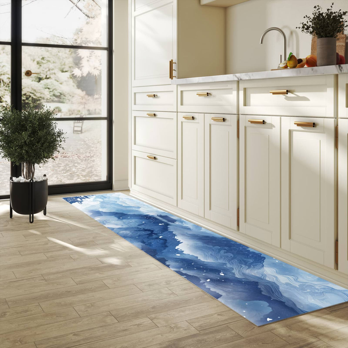 Dünner waschbarer Küchenteppich mit Motiv Asiatische Landschaft für angenehme Haptik in heller Küche