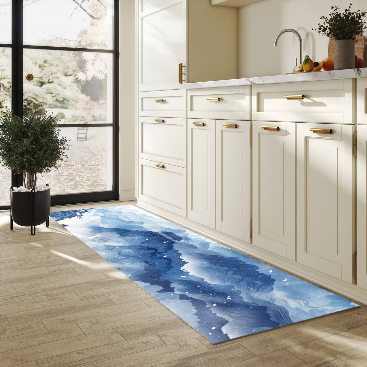 Langlebiger Bodenläufer mit Motiv Asiatische Landschaft in heller Küche