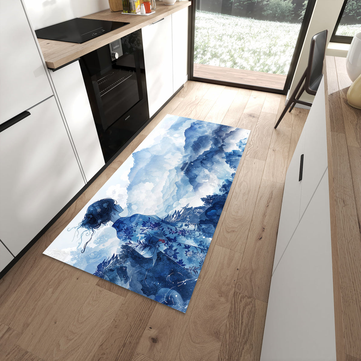 Farbbeständiger Küchenläufer mit Motiv Asiatische Landschaft in moderner Küche