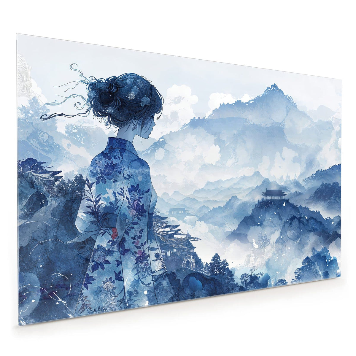 Küchenrückwand aus Glas im Hochformat: Frau im blau gemusterten Kimono blickt von hinten auf eine nebelige Berglandschaft mit Pagode