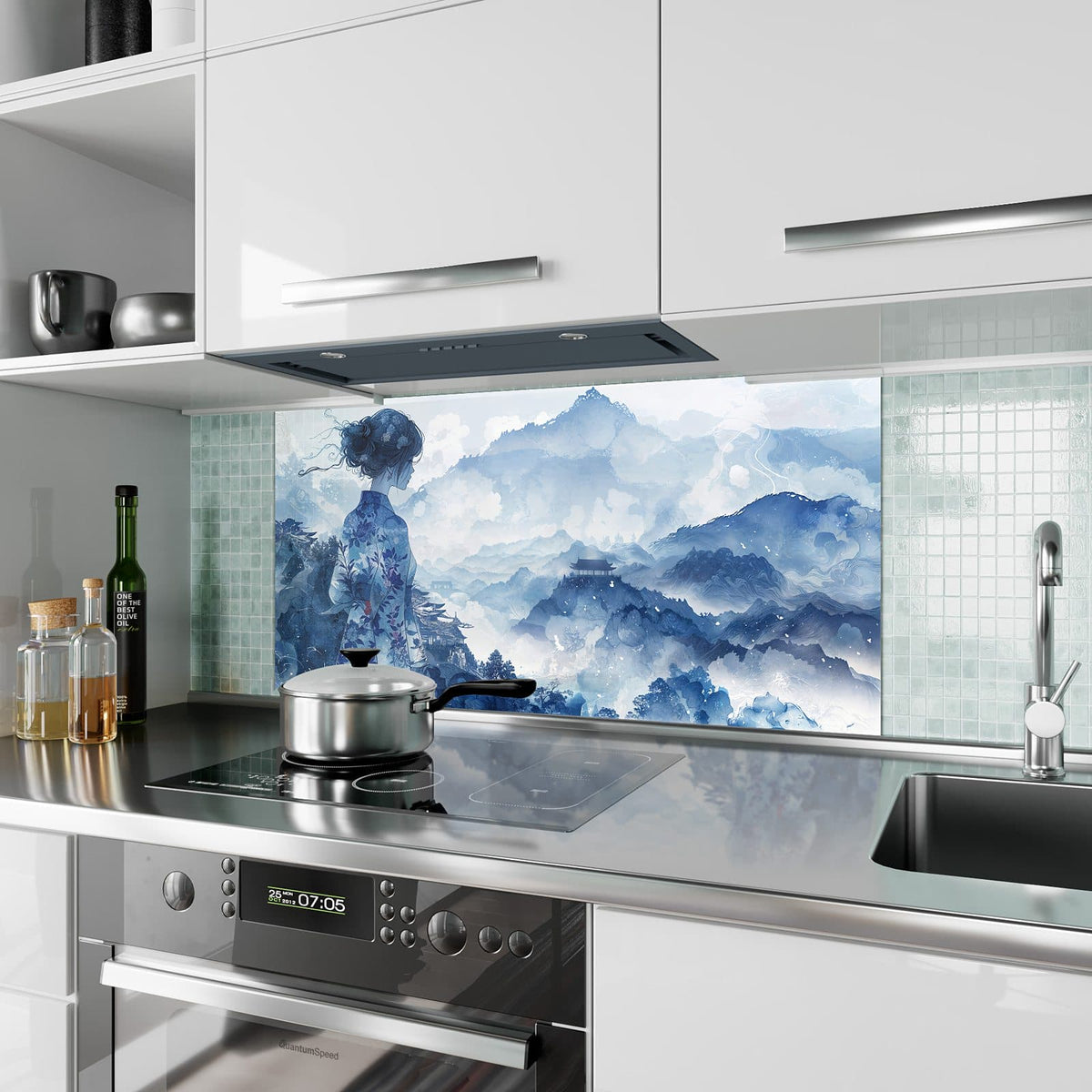 Küchenrückwand aus Glas Frau im Kimono im Hochformat als Spritzschutz hinter dem Kochfeld, über dem Fliesenspiegel montiert