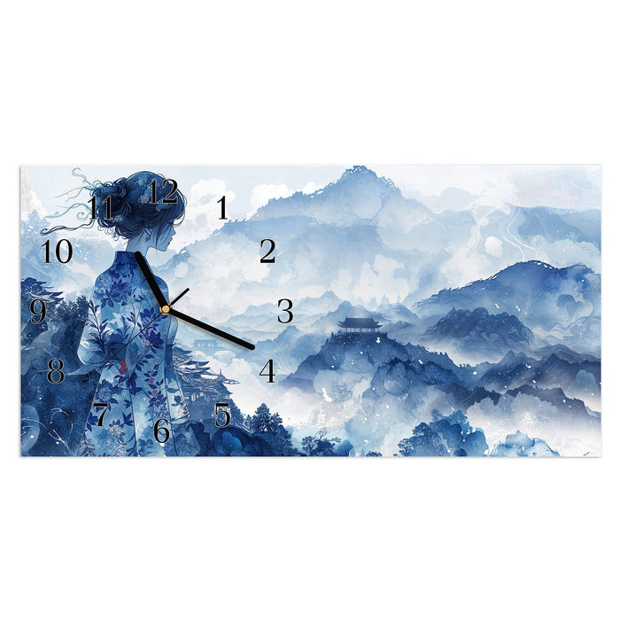Wanduhr Asiatische Landschaft aus Glas – Querformat 60 × 30 cm mit Ziffernblatt Klassisch