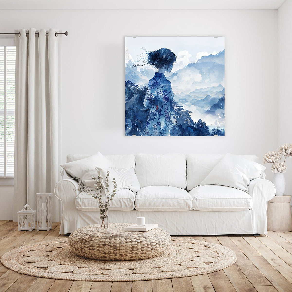 Glasbild Frau im Kimono an der Wand – Frau im blau gemusterten Kimono blickt von hinten auf eine nebelige Berglandschaft mit Pagode
