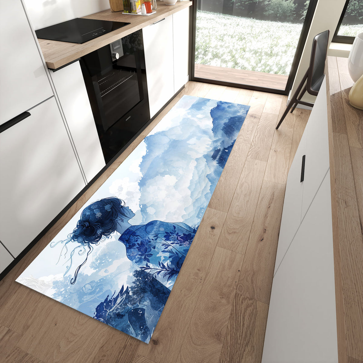 Bodenschonender rutschfester Küchenläufer mit Motiv Asiatische Landschaft in moderner Küche