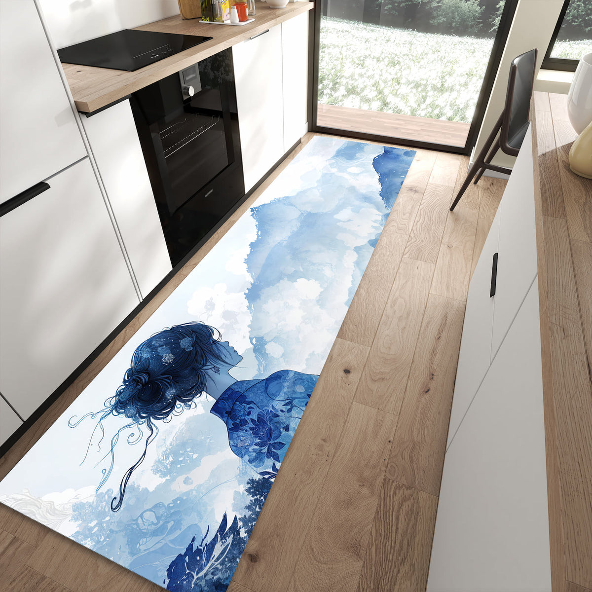 Bodenschonender rutschfester Küchenläufer mit Motiv Asiatische Landschaft in moderner Küche