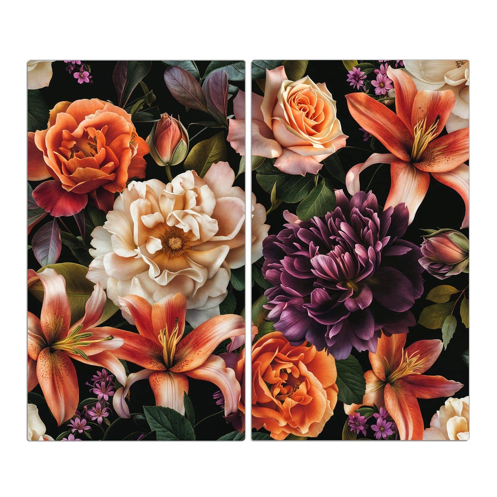 2-teilige Herdabdeckplatte Induktion mit Blumenpracht-Motiv in der Frontansicht #grösse_2-Teilig (60x52cm)