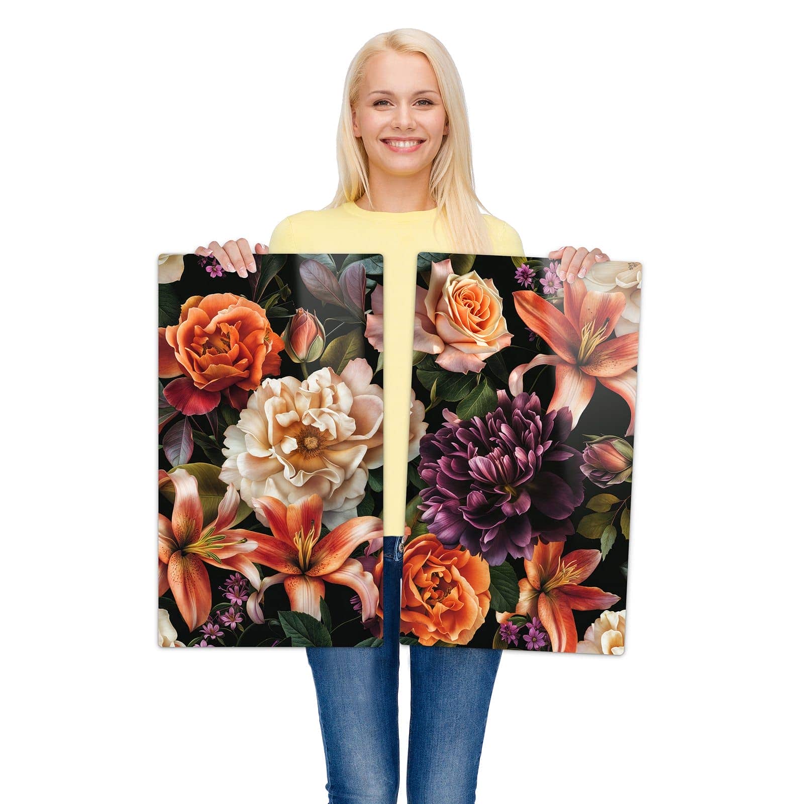 2-teilige Herdabdeckung mit Blumenpracht-Motiv wird zur Größendarstellung gehalten