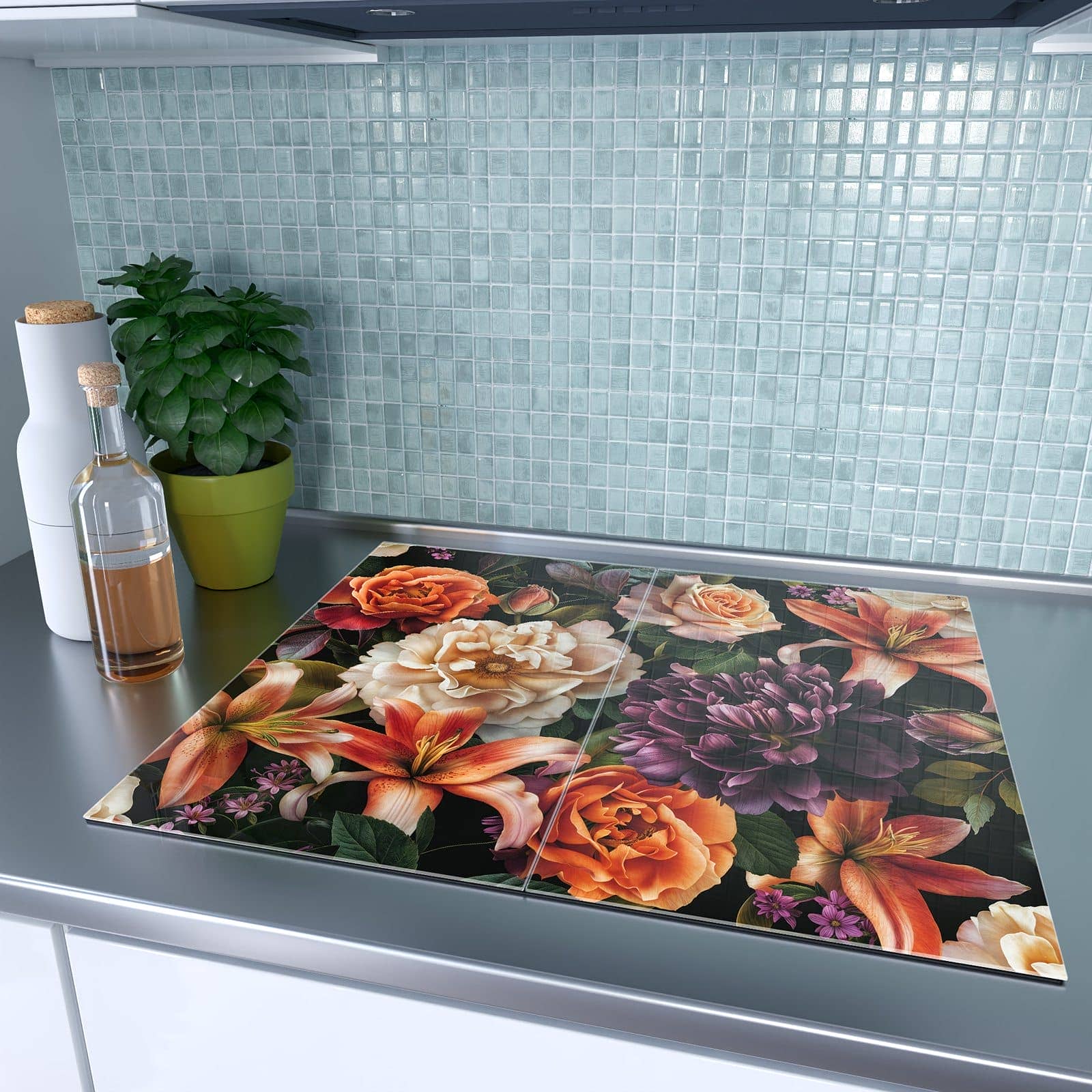 2-teilige Herdabdeckplatte mit Blumenpracht-Motiv auf dem Ceranfeld