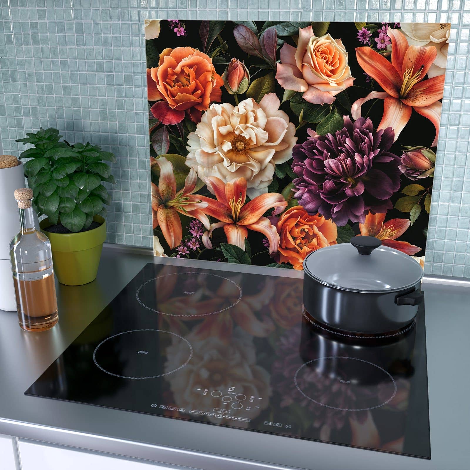 1-teilige Herdabdeckung aus Glas mit Blumenpracht-Motiv als Spritzschutz hinter dem Kochfeld