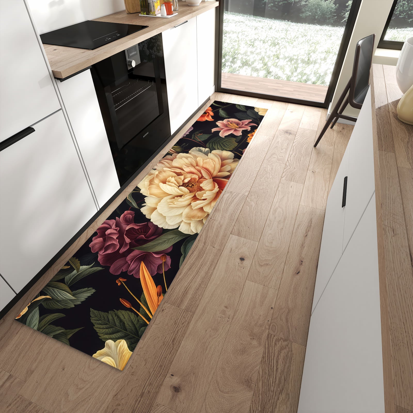 Strapazierfähiger waschbarer Küchenteppich mit Motiv Blumenwiese Kunst in moderner Küche