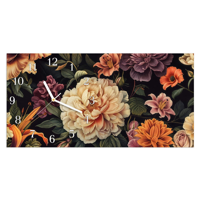 Wanduhr Blumenwiese Kunst aus Glas – Querformat 60 × 30 cm mit Ziffernblatt Klassisch