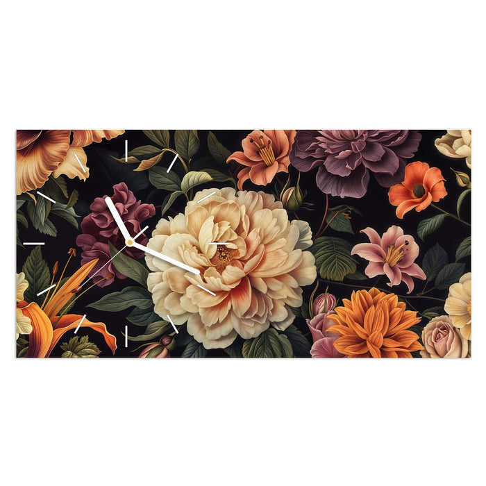 Wanduhr Blumenwiese Kunst aus Glas – Querformat 60 × 30 cm mit Ziffernblatt Linie