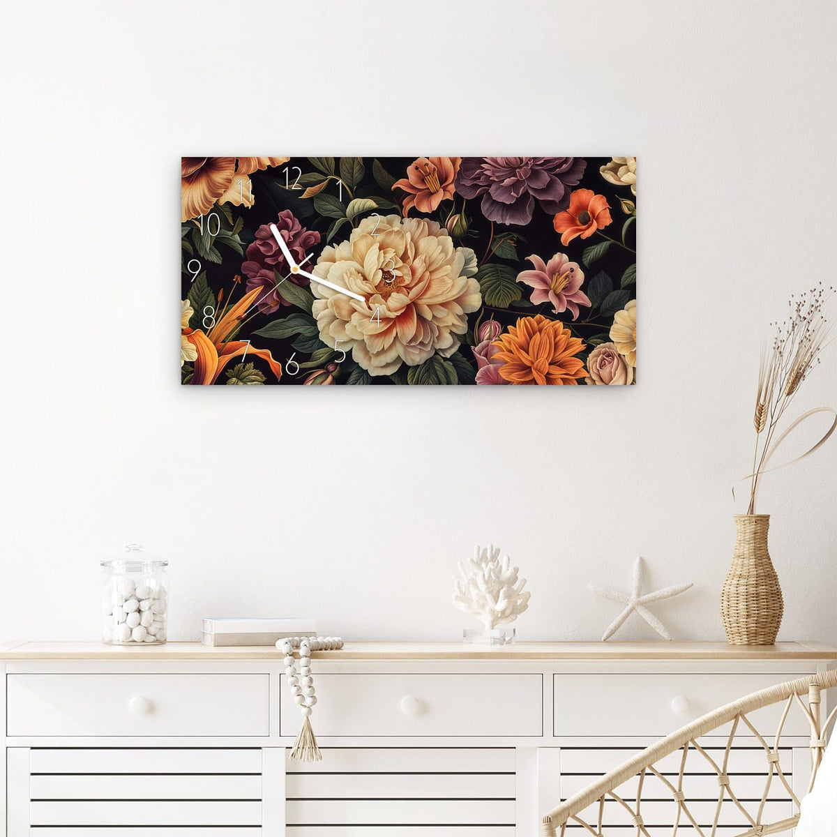 Wanduhr Blumenwiese Kunst aus Glas – Querformat 60 × 30 cm – Blumenstillleben vor tiefem Schwarz