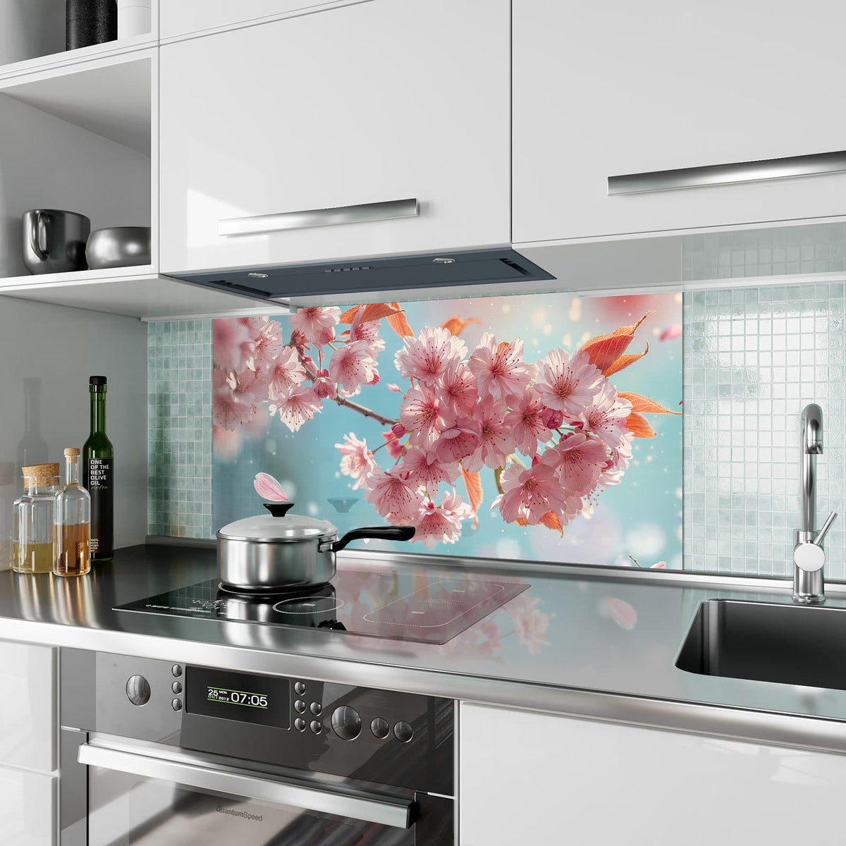 Küchenrückwand aus Glas Kirschblüten in Blau im Hochformat als Spritzschutz hinter dem Kochfeld, über dem Fliesenspiegel montiert