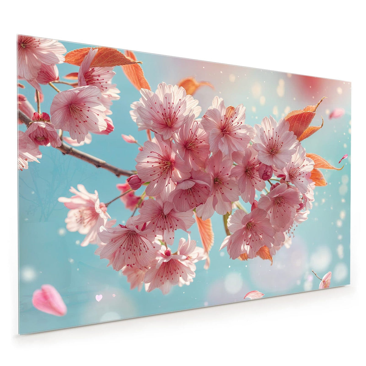 Küchenrückwand aus Glas im Hochformat mit Motiv Kirschblüten in Blau: Rosa Kirschblüten vor hellblau-türkisem Bokeh mit orangen Blättern