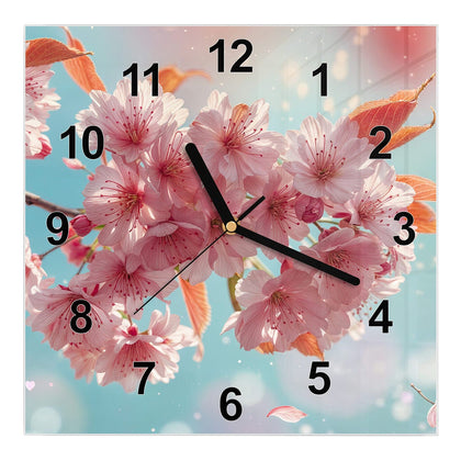 Wanduhr Quadratisch mit dem Motiv Kirschblüten in Blau