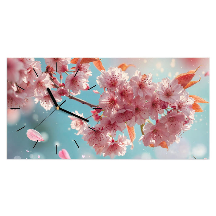 Wanduhr Kirschblüte Himmel aus Glas – Querformat 60 × 30 cm mit Ziffernblatt Linie