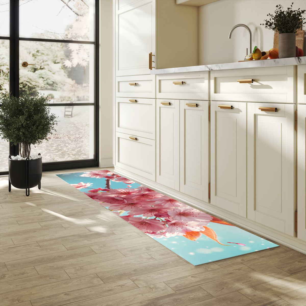 Hygienischer moderner Küchenläufer mit Motiv Kirschblüte Himmel in heller Küche