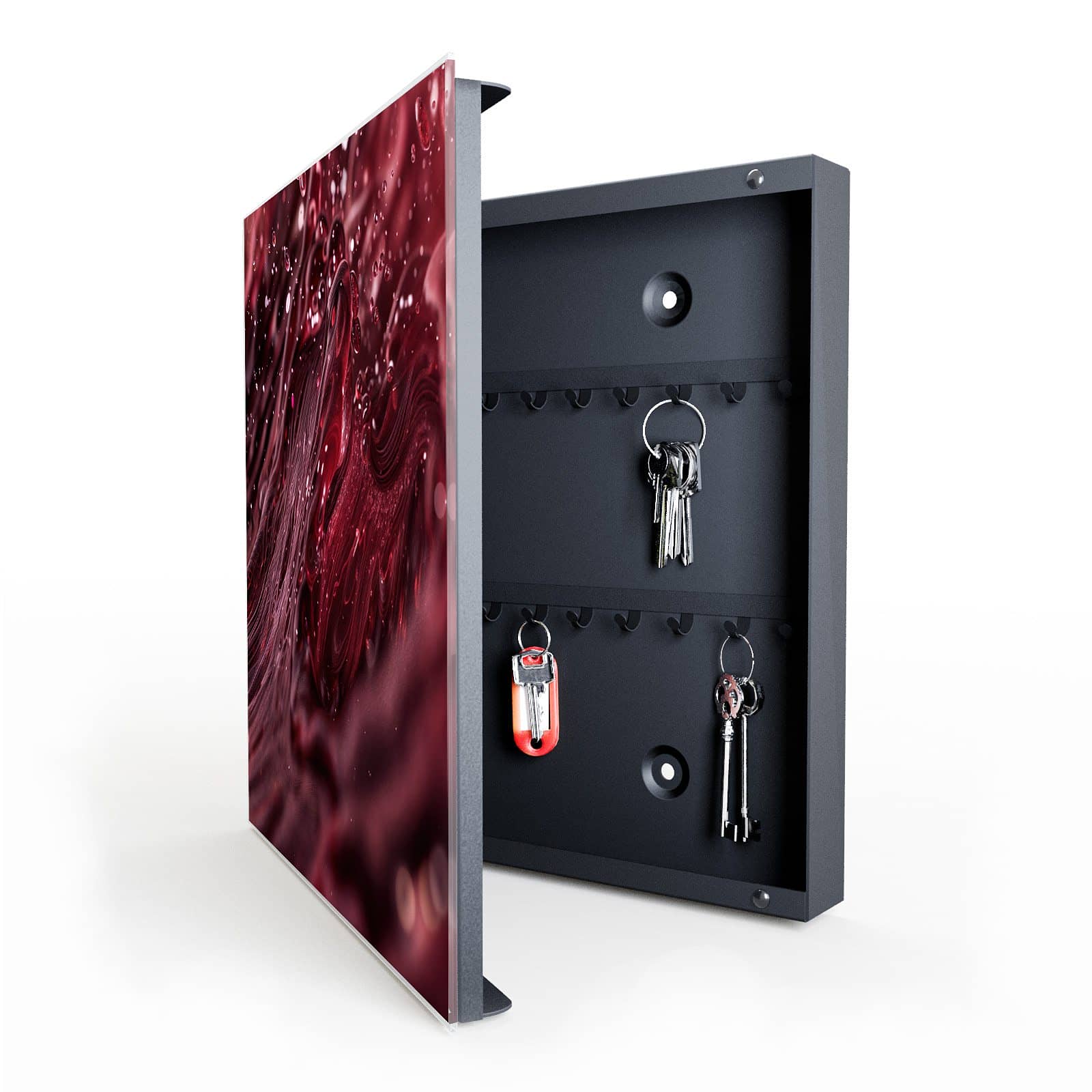 Schlüsselaufbewahrung mit Absenkautomatik und Motiv Wirbelnde Flüssigkeit in geöffneter Innenansicht