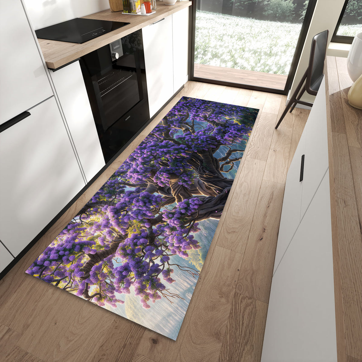 Rutschfester großer Küchenteppich mit Motiv Magischer Baum in moderner Küche