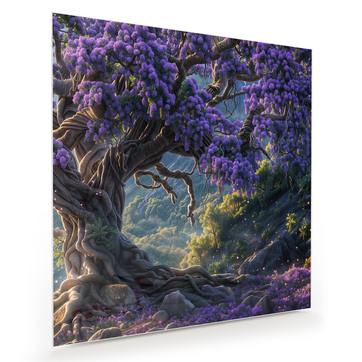 Fantasy-Illustration: knorriger Baum voller lilafarbener Blütentrauben über einem grünen Tal, lila Blüten am Boden.