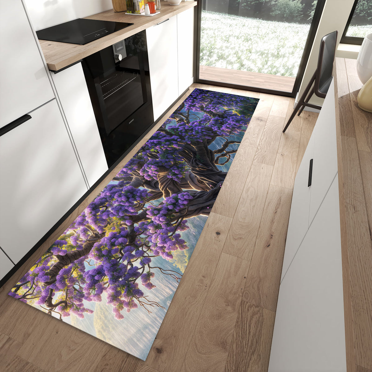Strapazierfähiger Küchenteppich mit Motiv Magischer Baum in moderner Küche