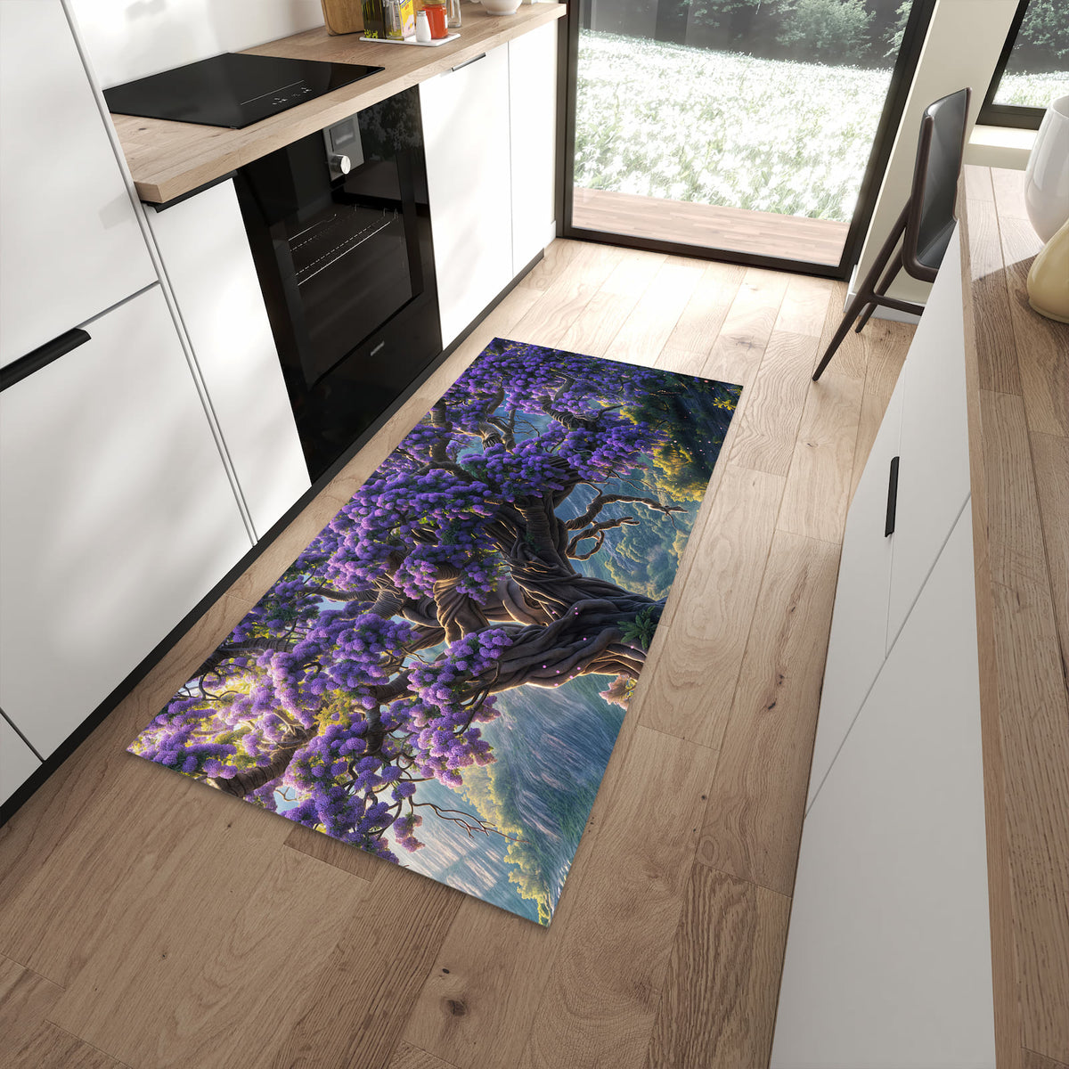 Langlebiger waschbarer Küchenteppich mit Motiv Magischer Baum in moderner Küche