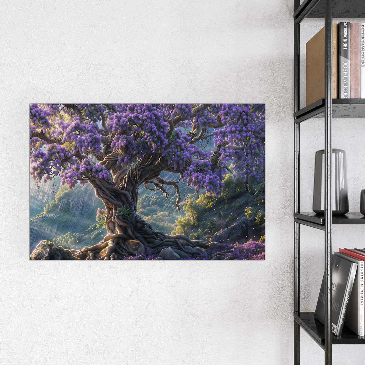 Magnettafel - Baum in Fliederblüte – Lila blühender Baum über grünem Tal