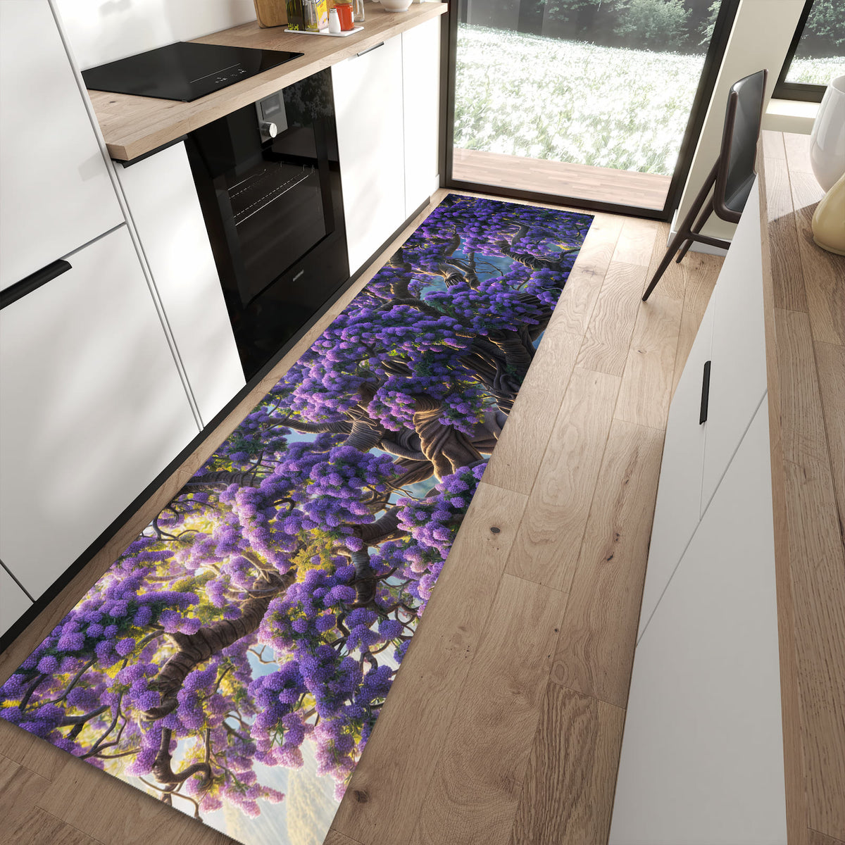 Waschbarer Küchenteppich mit Motiv Magischer Baum in moderner Küche