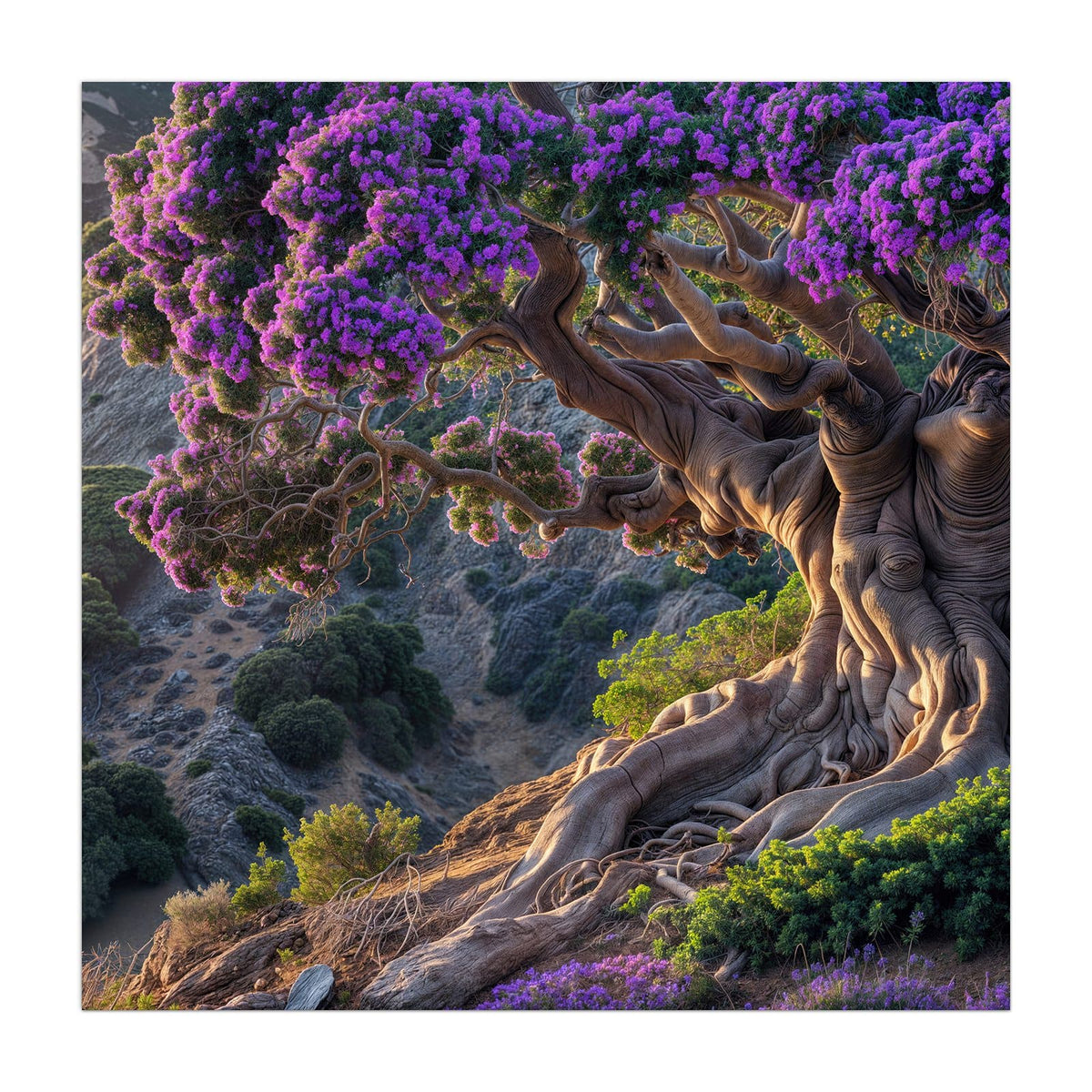 Küchenrückwand aus Glas Baum mit lila Blüten im quadratischen Format, Motiv bildfüllend von vorn