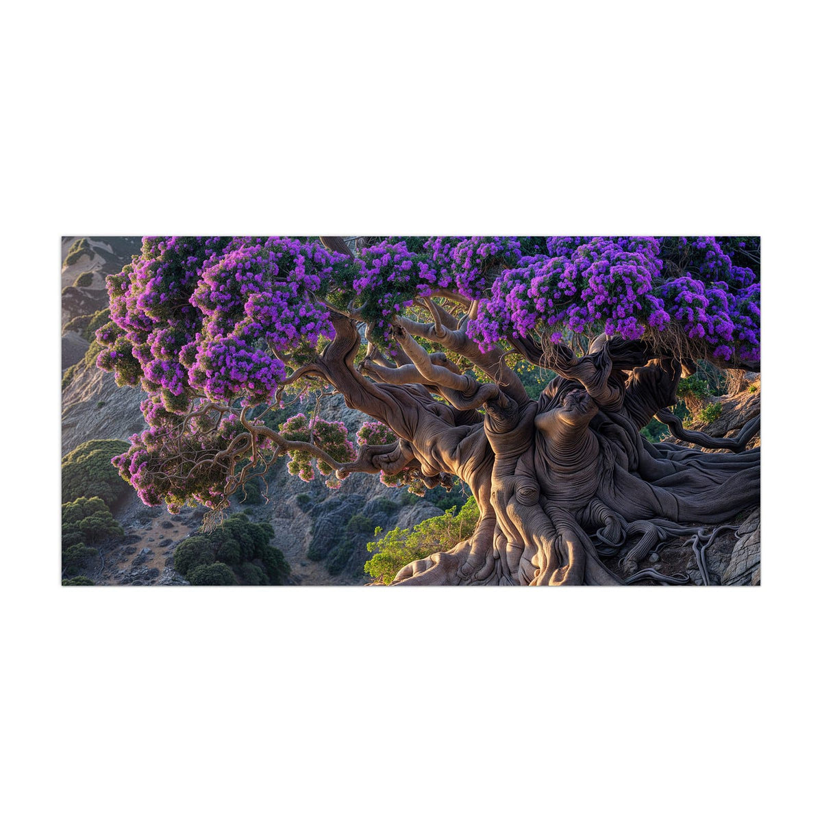 Küchenrückwand aus Glas Baum mit lila Blüten im Hochformat, Motiv bildfüllend von vorn