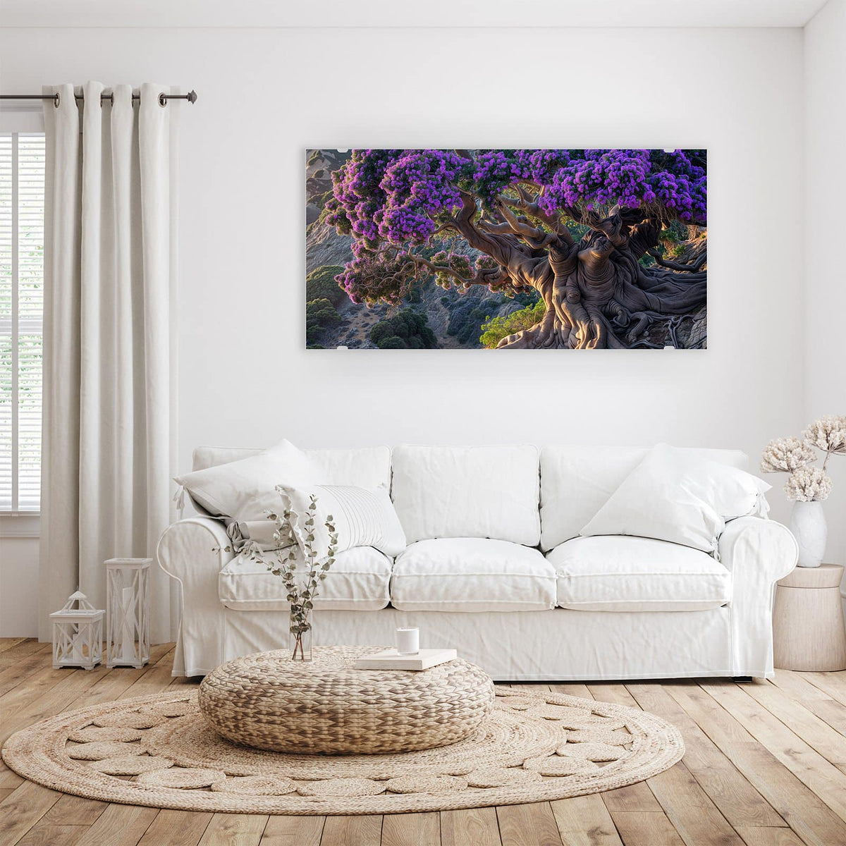 Wandbild - Baum mit lila Blüten - Querformat – Knorriger Baum mit violetter Krone