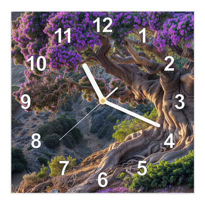 Wanduhr Quadratisch mit dem Motiv Baum mit lila Blüten