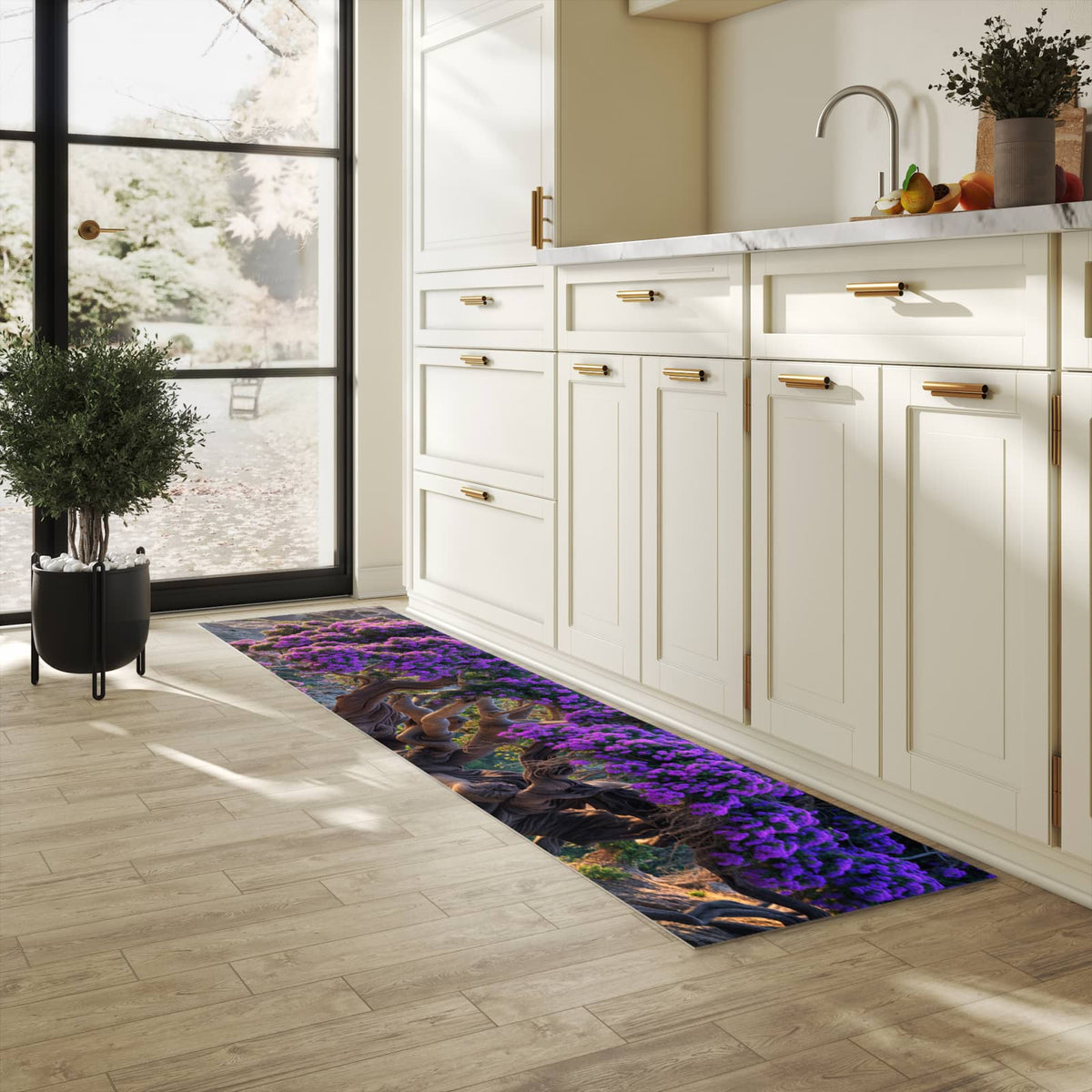 Waschbarer Teppich fürs Esszimmer mit Motiv Alter Weiser Baum in heller Küche