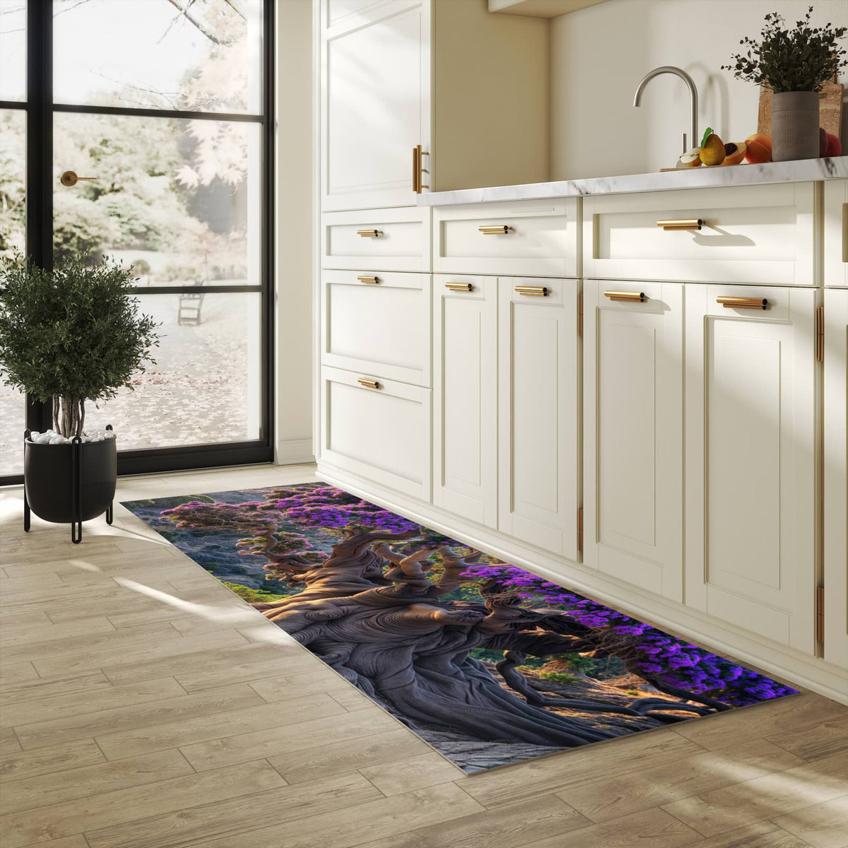 Bodenschonender Bodenläufer-Teppich mit Motiv Alter Weiser Baum in heller Küche