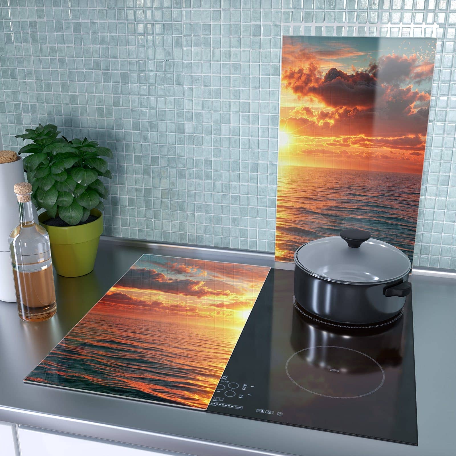 2-teilige Abdeckplatte Induktionsherd mit Sonnenuntergang Meer-Motiv als Spritzschutz hinter dem Kochfeld