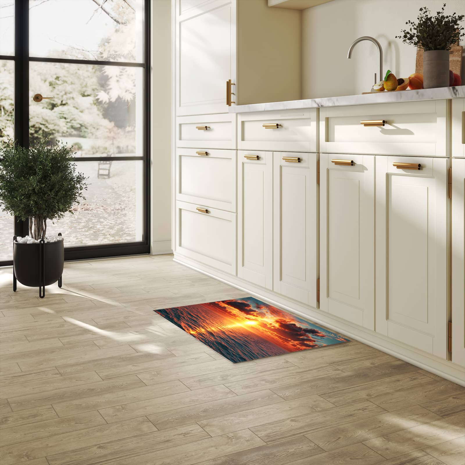 Bodenschonender Küchenteppich mit Motiv Sonnenuntergang Meer in heller Küche