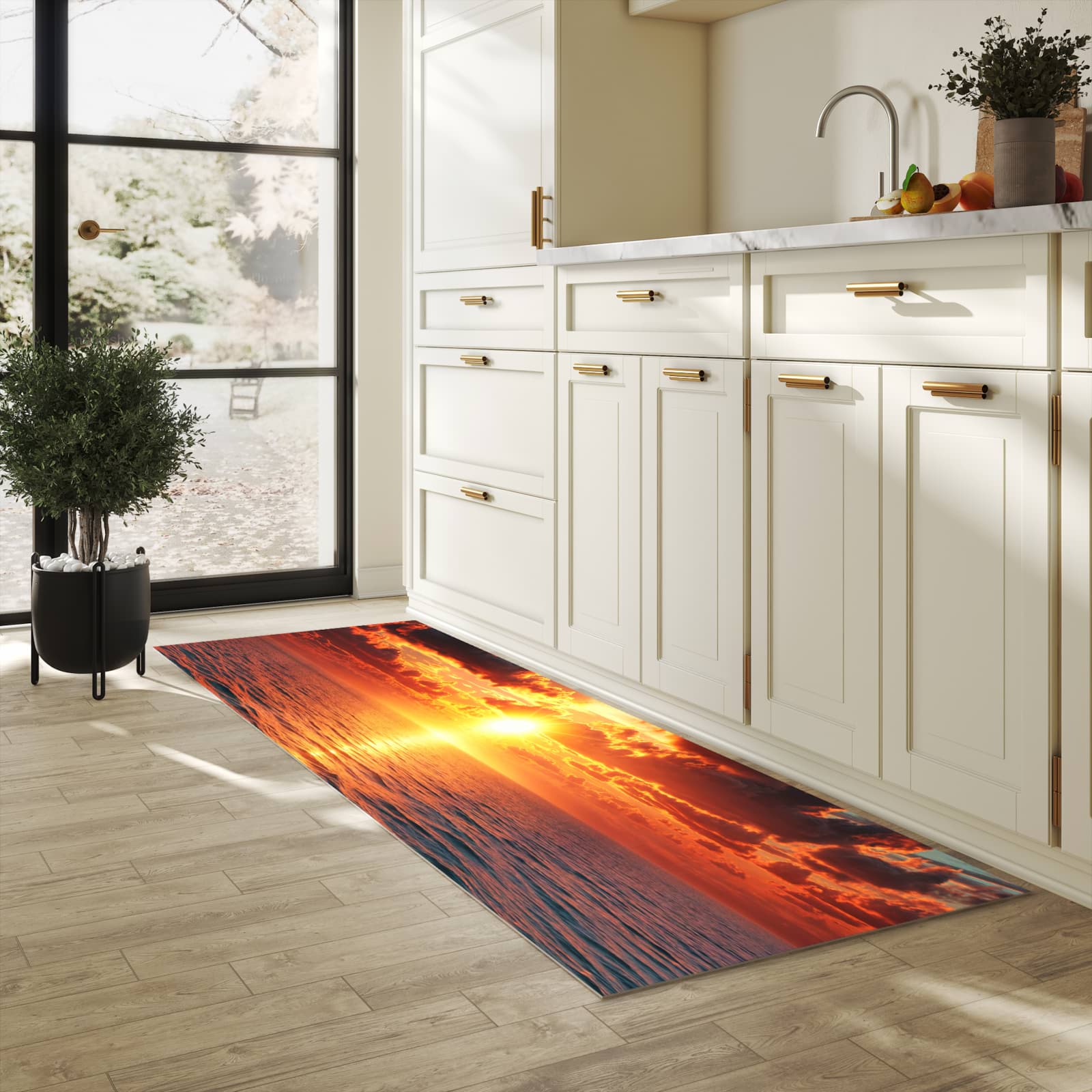 Bodenschonender rutschfester Küchenteppich mit Motiv Sonnenuntergang Meer in heller Küche