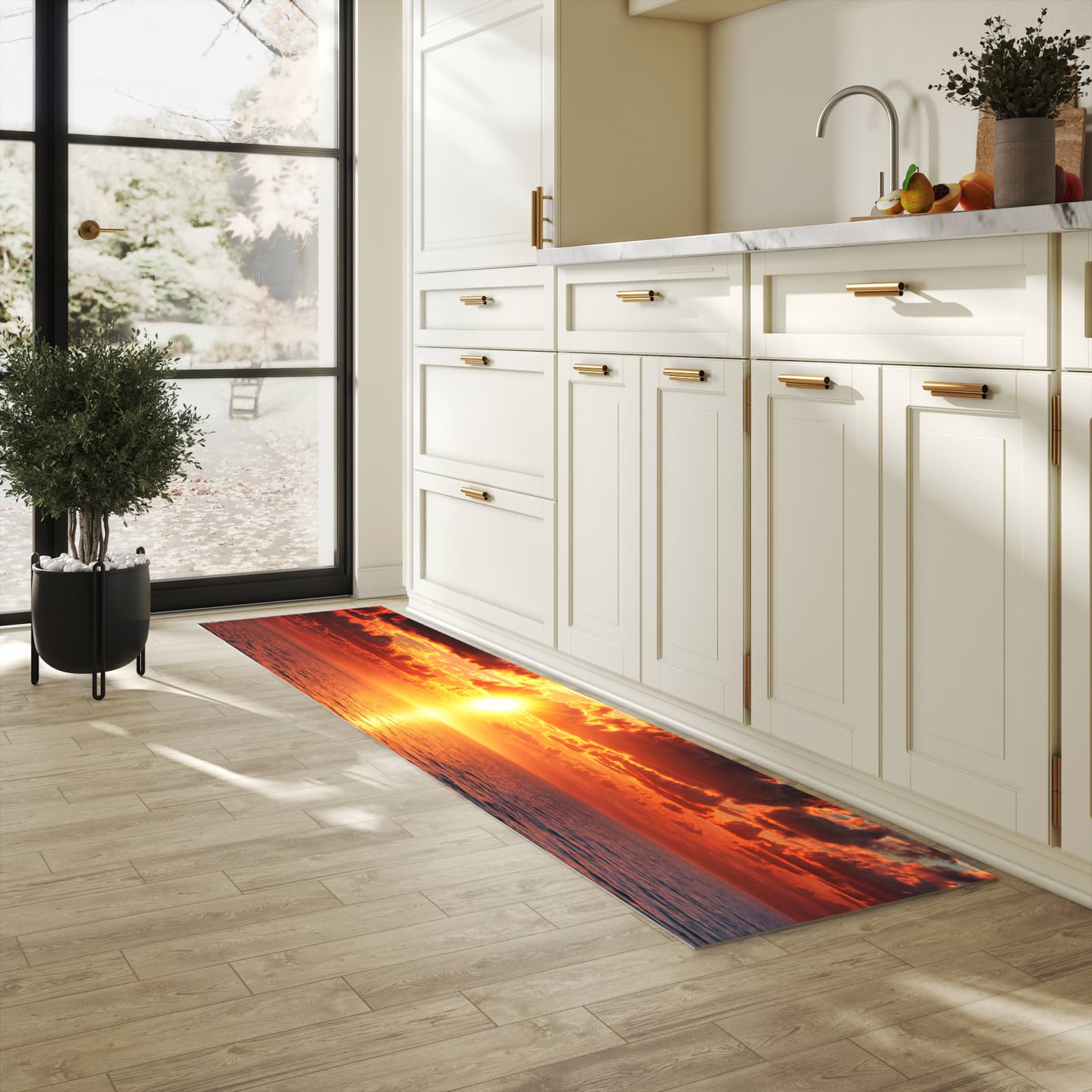 Rutschfester Bodenläufer-Teppich mit Motiv Sonnenuntergang Meer in heller Küche